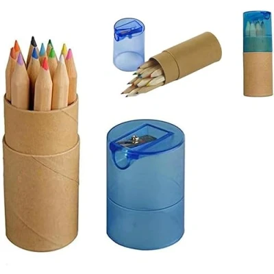 Abbildung von WPRO 12x Kinder Mini Buntstifte 12 Stück Toby blau Geburtstag Geschenk Mitgebsel Jungen &amp; Mädchen Schule Holz Dose Anspitzer