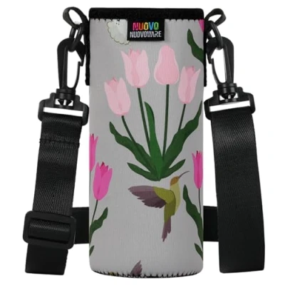 Abbildung von Nuovoware Trinkflaschenhalter, 750ml Premium Neopren Tragbare Isolierte Trinkflaschenhalter Tasche mit Verstellbarem Schultergurt, Edelstahl, Glas / Plastikflaschen, Großformat, Bunte Tulpen