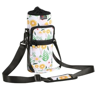 Abbildung von Nuovoware Flaschenhalter Trinkflasche Molle Beutel 25oz/710ml, Isolierte Neopren Kessel mit Schultergurt und Front Reißverschluss Tasche für Wandern Laufen Radfahren Jagd Reisen, Gelbes Gänseblümchen