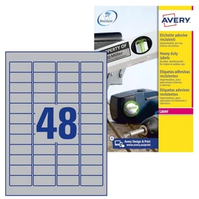 Abbildung von AVERY Zweckform L6009 100 Typenschild Folienetiketten (4.800 Aufkleber, 45,7x21,2mm auf A4, stark selbstklebend, strapazierfähig, wetterfest, bedruckbare Klebefolie, blanko) Blatt, silber