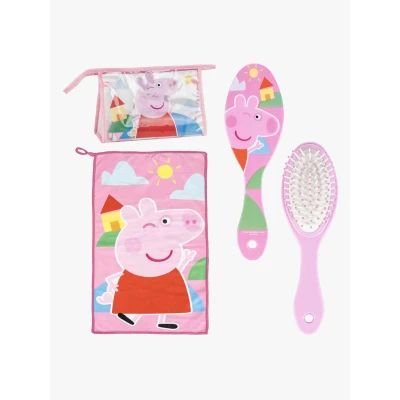 Abbildung von Kulturbeutel für Reisen, Zubehör Peppa Wutz mit Kamm, Handtuch und Tasche Reisen oder Schule, Rosa, Transparente Kosmetiktasche Reißverschluss