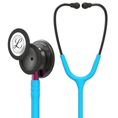 Abbildung von 3M Littmann Classic III Stethoskop zur Überwachung, 5872, Smoke Edition Bruststück, türkisfarbener Schlauch, pinkfarbener Schlauchanschluss und rauchfarbener Ohrbügel, 69 cm