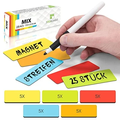 Abbildung von 2DOBOARD Magnetstreifen beschreibbar 7,5 cm x 2,5 Bunt 25 Stück Magnetschilder zum beschriften Für Kühlschrank, Whiteboard &amp; Tafel Magnetetiketten