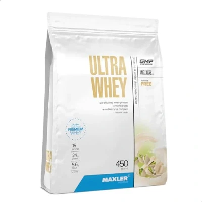 Abbildung von Maxler Ultra Whey Protein 24 g pro Portion Pulver Molkenprotein Konzentrat, Isolat, Hydrolysat Mit BCAA Pistazie &amp; Weiße Schokolade 450g