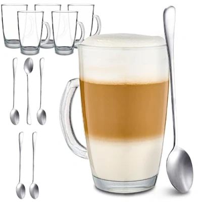Abbildung von Cosumy 6 Latte Macchiato Gläser mit Henkel und Löffel 300ml Hält lange warm Ideale Größe für Kaffeevollautomaten Spülmaschinenfest