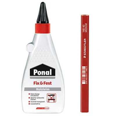 Abbildung von Ponal Fix &amp; Fest Holzleim, sofort haftender Holzkleber zur Innenanwendung, transparent, ideal für senkrechte Flächen, Spar Set mit 500 g Holzleim und hochwertigem Zimmermanns Bleistift, 9HP500FP1X