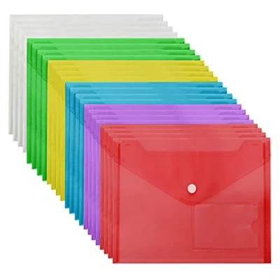 Abbildung von Belle Vous 24 Stk Dokumentenmappe A5 Plastik Hülle Transparent Din Mappe Bunte Farben mit Druckknopf &amp; Etikettenfach Dokumententasche zum Abheften, Ordner, Büro, Schule, Sichttasche