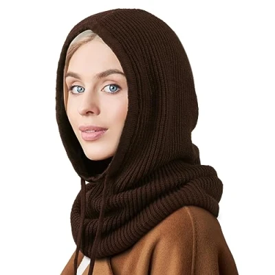 Abbildung von DRESHOW Wintermützen für Damen Balaclava Strickmütze Skull Cap mit Kordelzug Warmer Kapuzenschal Mütze