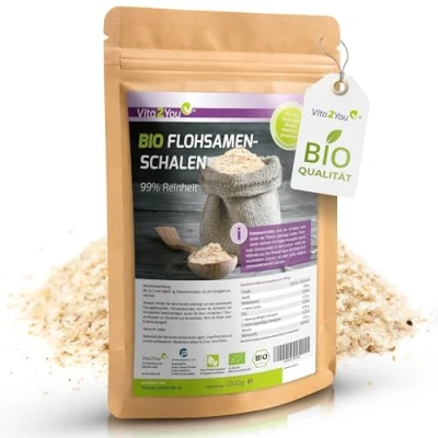 Abbildung von Vita2You Flohsamenschalen Bio 99% Reinheit 1000g Laborgeprüft 100% Anbau 1kg indische Flohsamen Schalen Premium Qualität