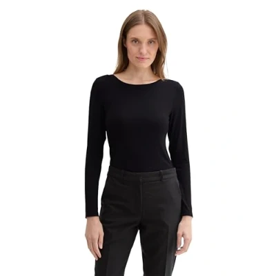 Abbildung von TOM TAILOR Damen Basic Longsleeve mit U Boot Kragen, 14482 Deep Black, XL