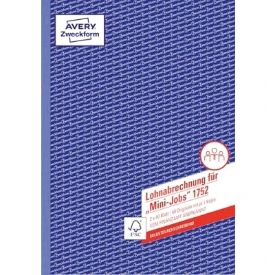 Abbildung von AVERY Zweckform 1752 Lohn /Gehaltsabrechnung Mini Job (A4, 2x40 Blatt, selbstdurchschreibend, vom Finanzamt anerkannt, für geringfügig Beschäftigte, mit Dokumentation gem. Mindestlohngesetz) weiß/gelb
