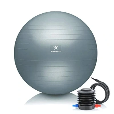 Abbildung von BODYMATE Gymnastikball Sitzball Trainingsball mit GRATIS E Book inkl. Luft Pumpe, Ball für Fitness, Yoga, Gymnastik, Core Training, starken Rücken als Büro Stuhl COOL Grey Blue 65cm