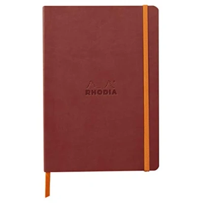 Abbildung von Rhodia 117437C Notizheft Softcover Rhodiarama DIN A5 (14,8x21 cm), 80 Blatt, liniert Clairefontaine Papier Elfenbein 90g Lesezeichen, Gummizugverschluss, Cover aus Kunstleder Nacarat, 1 Stück