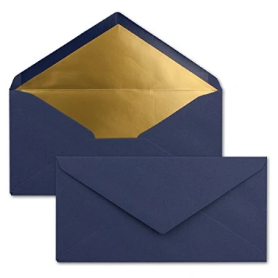 Abbildung von 15 Brief Umschläge DIN Lang Dunkel Blau/Nachtblau mit Gold Metallic Innen Futter 110 x 220 mm Nassklebung festliche Kuverts für Weihnachten