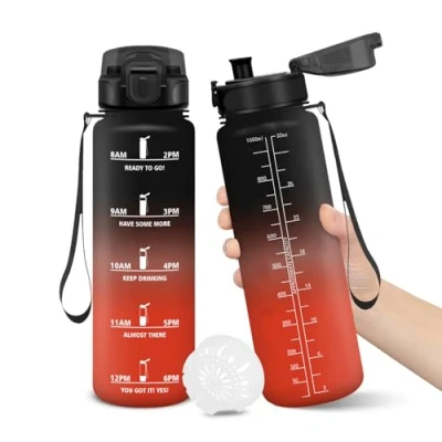 Abbildung von Trinkflasche, 1000ML BPA Frei, Wasserflasche, Auslaufsicheres Schlossdesign, Trinkflaschen, Mit Zeitstempel, Trinkflasche Kinder Auslaufsicher für Schule, Yoga, Sport Wasserflasche SchwarzRot