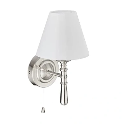 Abbildung von Relaxdays Wandlampe mit Schirm, innen, Zugschalter, Flur &amp; Wohnzimmer, E14, Stoff, Metall, HBT 28x16x19 cm, silber/weiß