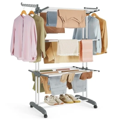 Abbildung von SONGMICS Wäscheständer, Standtrockner 4 Ebenen, Flügelwäscheständer, klappbare Flügel, mit Rollen, 63,5 x 128 173 cm, groß, einfacher Aufbau, für Innen und Außenbereich, weiß LLR701W01