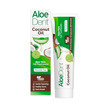 Abbildung von AloeDent Kokosöl Zahnpasta Fluoridfrei, Natürliche Wirkung, Vegan, Tierversuchsfrei, SLS frei, Dreifachwirkung, Gesundes Zahnfleisch, 100ml