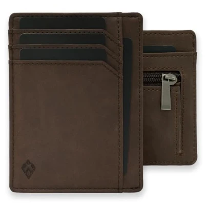 Abbildung von AKIELO Kartenetui mit RFID Schutz, Reißverschluss Münzfach und Geschenkbox Minimalistisch Herren Geldbörse Ultradünne Wallet (Bravo Dunkle Mokka Ausgabe Reißverschluss)