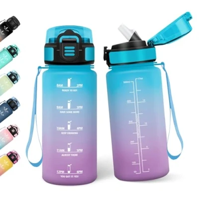 Abbildung von Motswedi Trinkflasche mit Strohhalm, 0.5L BPA Frei, Auslaufsicher, Wasserflasche, Kohlensäure Geeignet, Trinkflaschen, für Yoga, Schule, Outdoors, Blau Lila