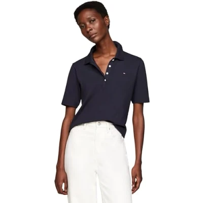 Abbildung von Tommy Hilfiger Damen Poloshirt Kurzarm Regular Fit, Blau (Desert Sky), XS