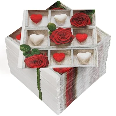 Abbildung von HEKU 100 Servietten, 3 lagig, 33x33cm, Rosen und Herzen I Saugstark praktisch verpackt Ideal für besondere Anlässe