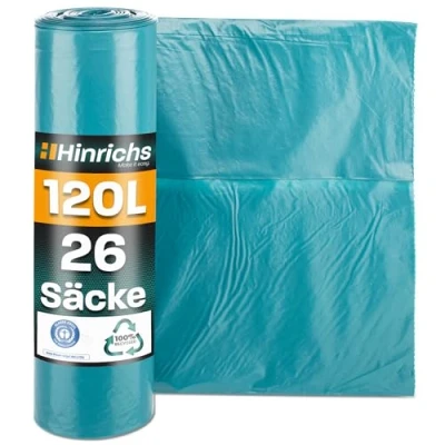 Abbildung von Hinrichs Müllsäcke 120L extra Stark 26er Rolle 70x110 cm Extrem reißfeste Müllbeutel Mülltüten aus Recycling LDPE Blaue Säcke Abfallsäcke für Garten, Haushalt &amp; Baustelle