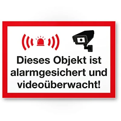 Abbildung von Komma Security Objekt Alarmgesichert Videoüberwacht Schild Achtung Vorsicht Videoüberwachung Hinweis Hinweisschild Warnhinweis
