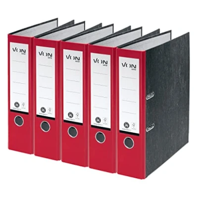 Abbildung von VON Leitz 5er Pack Ordner A4, 100 % Recyclingkarton, 80 mm Rückenbreite, Für 600 Blatt, Marmoriert, Blauer Engel &amp; FSC zertifiziert, Schule, Studium Haushalt, Rot, 10531025