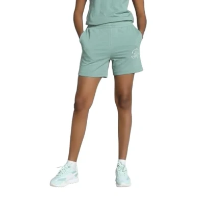 Abbildung von Puma ESS Script Hochgeschnittene Shorts, Damen, Größe: Large, Green moon