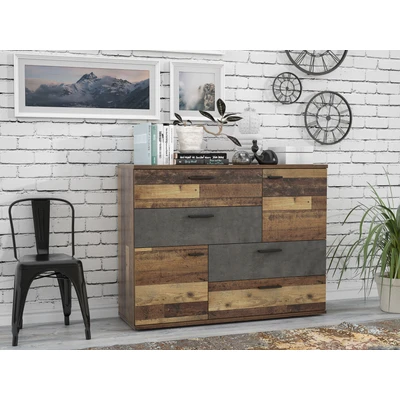 Abbildung von FORTE Skive Kommode mit 2 Türen und 4 Schubkästen, Holzwerkstoff, Old Wood Vintage Dekor Betonoptik dunkelgrau, 124.9 x 41.3 95.9 cm