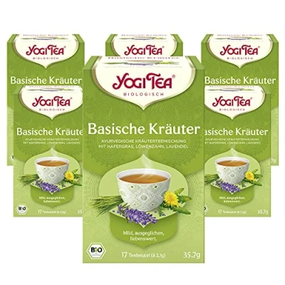 Abbildung von Yogi TEA, Basische Kräuter, Ayurvedischer Bio Gewürz und Kräutertee, von Natur aus koffeinfrei, Mischung Löwenzahn, Brennnessel, Lavendel, Tee 6er Pack, 6x17 Beutel (102 Teebeutel insgesamt)