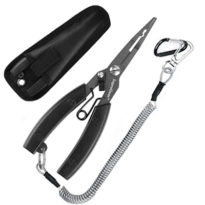 Abbildung von supregear Angelzange, Multifunktionale leichte Edelstahl Angelausrüstung mit ABS Griff, Line Cutter Hakenentferner Sicherheits Coiled Lanyard und Nylon Hülle, Schwarz