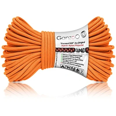 Abbildung von Ganzoo Paracord 550 Seil / 4mm Nylon/Polyester/Typ Hybrid/Armband Hunde Leine/Hunde Halsband 250Kg. Bruchlast/Outdoor Rope/Camping Schnur/Allzweckseil 30 Meter/Orange