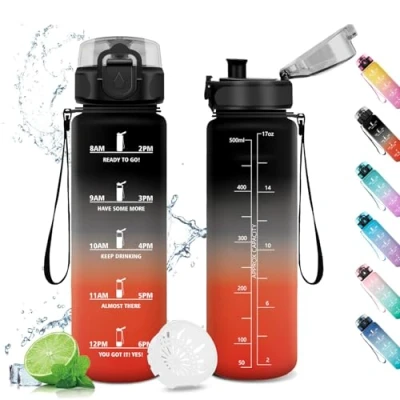 Abbildung von Trinkflasche 500ml, Wasserflasche Auslaufsicher, Fahrrad mit Zeitmarkierung und Filter, Sport Kohlensäure Geeignet, für Kinder, Outdoor, Camping, Büro, Sport, Fitness