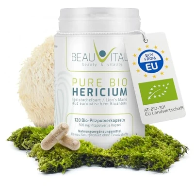 Abbildung von Pure Bio Hericium erinaceus Kapseln Lions mane 120 je 500 mg Igelstachelbart Pulver aus EU Landwirtschaft, vegan, ohne künstliche Zusatzstoffe