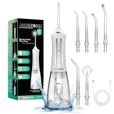 Abbildung von BarberBoss Water Flosser, Plaque Entferner für Zähne, Munddusche, elektrischer Zahnseide Apparat, Zahndusche mit 5 Düsen und Reinigungsmodi, tragbarer Mundduschen QR 7024, (weiß)