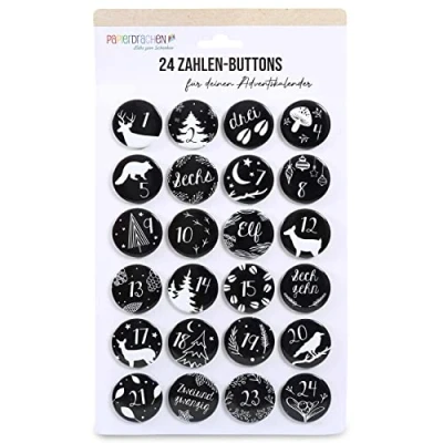 Abbildung von Papierdrachen 24 Adventskalender Zahlen Buttons 35mm Anstecknadeln zum Dekorieren von Adventskalendern mit 1 Schwarz Weiss Ideal für Stoffsäckchen, Tüten und Beutel