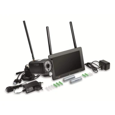 Abbildung von Technaxx Überwachungskamera mit Aufzeichnung, Monitor für Videoüberwachung FullHD, IP66, Mikrofon, Lautsprecher, 3 IR LEDs optimale Nachtsicht Funk Kamera Set TX 128