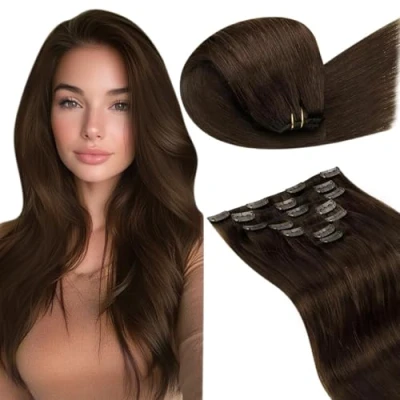 Abbildung von LaaVoo Clip in Extensions Echthaar Braun Dunkelbraun Haarverlängerung iExtensions Doppelt Tressen 35cm 105g 7Stück #4