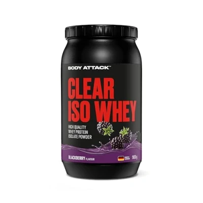 Abbildung von Body Attack Clear Iso Whey Blackberry, 900g Made in Germany Erfrischendes, klares Protein Isolat 24 g und 11.400 mg EAAs pro Shake, zucker &amp; fettfrei