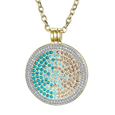 Abbildung von Morella Damen Halskette Gold 70 cm Edelstahl und Zirkonia Anhänger mit Coin Zirkoniasteine grün blau Silber 33 mm im Schmuckbeutel