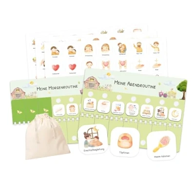 Abbildung von Routine Planer Kinder für Morgenroutine und Abendroutine Tagesplan mit Klett Punkten 105 Symbolkärtchen, Montessori Planer, Routinehilfe zum Umklappen (Bauernhof)