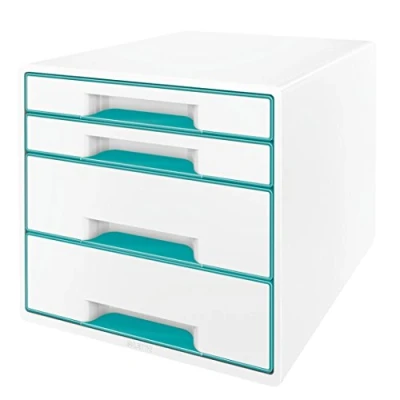 Abbildung von Leitz CUBE Schubladenbox mit 4 Schubladen, Weiß/Eisblau, A4, Inkl. transparentem Schubladeneinsatz, WOW, 52132036