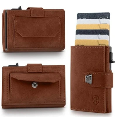 Abbildung von GenTo Slim Wallet mit Münzfach Geldbeutel Herren für 10 Karten Geldbörse RFID Schutz Smart kleines dünnes Kartenetui Portemonnaie (Dunkelbraun matt, Maxi Münzfach)