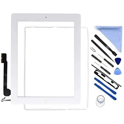Abbildung von Touchscreen Digitizer Frontglas Ersatz für i Pad 4 A1458 A1459 A1460 iPad4 Inklusive Home Taste + Kamerahalter Vorinstallierter Kleber Werkzeugset (Weiß)