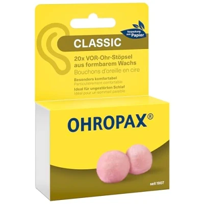 Abbildung von OHROPAX Classic Ohrstöpsel vor Ohr Stöpsel zum Schutz Lärm, Nässe und Wind aus formbarem, anschmiegsamen Wachs bequem für alle Ohren geeignet Schalldämmwert SNR 21 dB 20 Stück