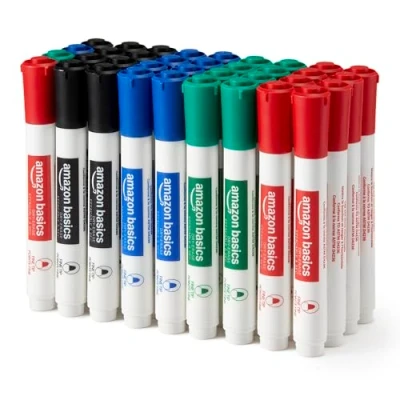 Abbildung von Amazon Basics Whiteboard Marker, geruchsarm, trocken abwischbar, feine Spitze, 4 Mehrfarbig, 36 Stück