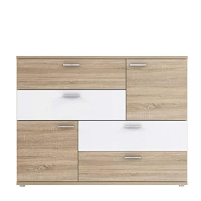 Abbildung von FORTE Skive Kommode mit 2 Türen und 4 Schubladen, Holzwerkstoff, Sonoma Eiche/ Weiß, 124.9 x 41.3 95.9 cm