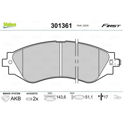 Abbildung von VALEO 301361 Bremsbelagsatz FIRST Vorderachse inkl. Verschleißwarnkontakt ohne Anti Quietsch Blech CHEVROLET: Lacetti Hatchback, Epica Saloon, Tacuma